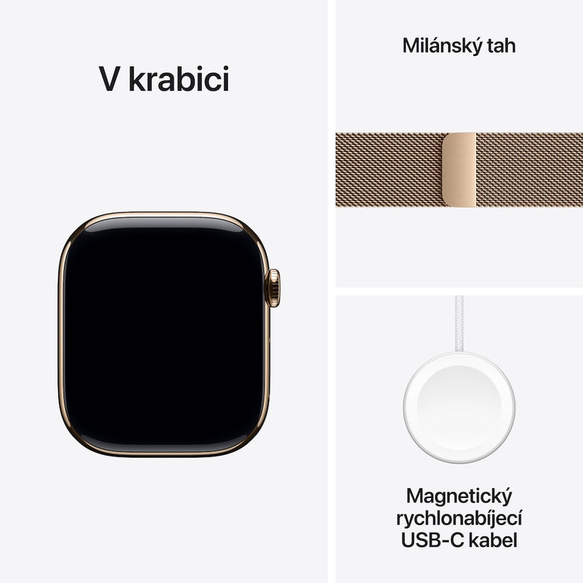 Apple Watch Series 11 GPS + Cellular 42mm zlatě titanové pouzdro se zlatě ocelovým milánským tahem - iSTYLE CZ