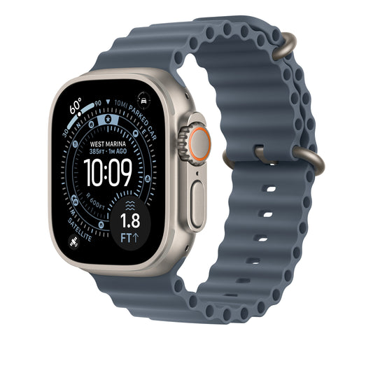 Řemínek pro Apple Watch 44/45/46/49 mm Apple ocelově modrý Oceánský - provedení z přírodního titanu - iSTYLE CZ
