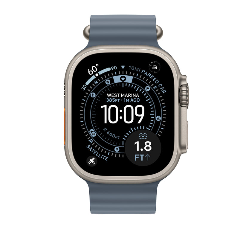 Řemínek pro Apple Watch 44/45/46/49 mm Apple ocelově modrý Oceánský - provedení z přírodního titanu - iSTYLE CZ