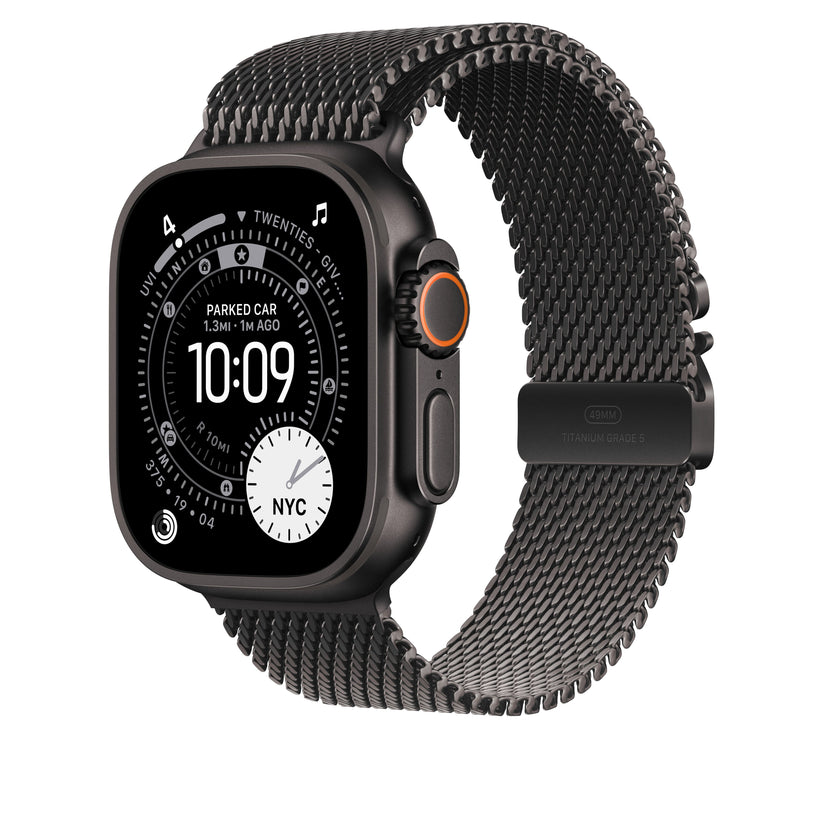 Řemínek pro Apple Watch 44/45/46/49 mm Apple milánský tah z černého titanu - střední - iSTYLE CZ