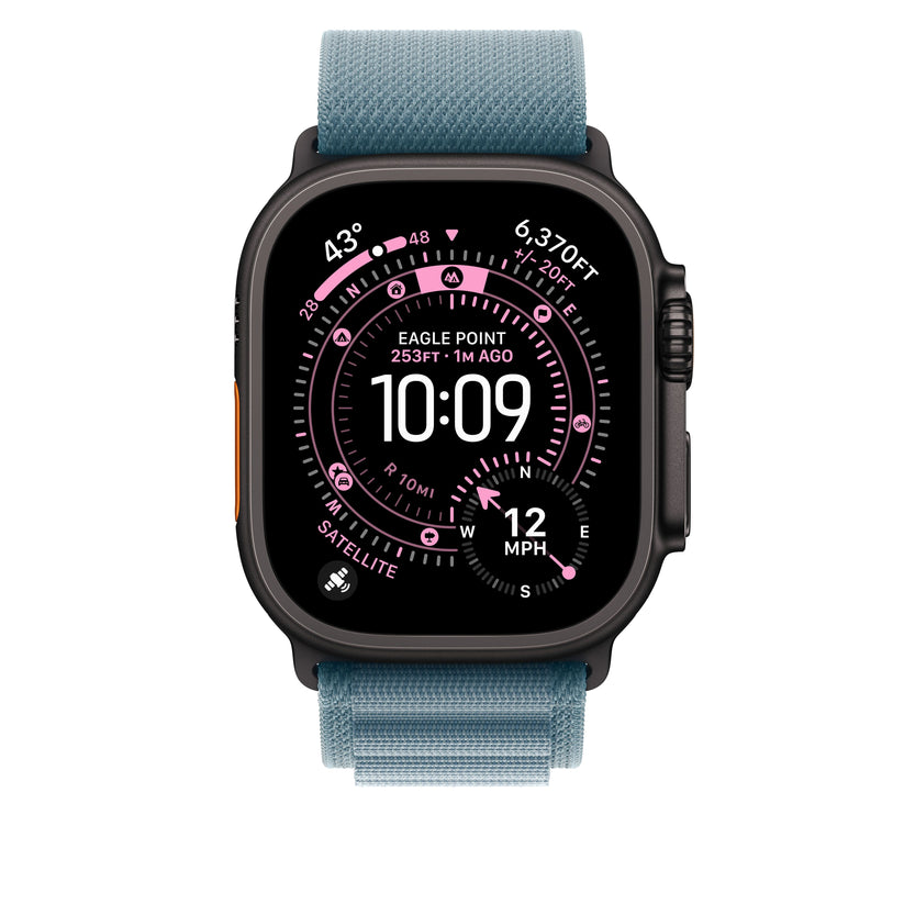 Řemínek pro Apple Watch 44/45/46/49 mm Apple světle modrý Alpský tah - střední - provedení z černého titanu - iSTYLE CZ