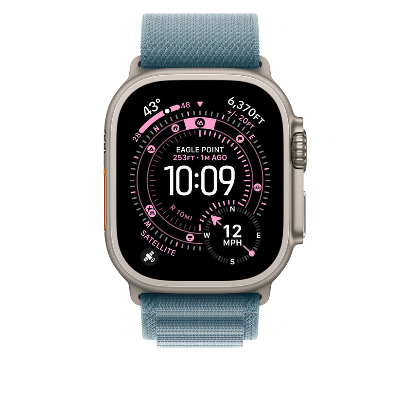 Řemínek pro Apple Watch 44/45/46/49 mm Apple světle modrý Alpský tah - malý - provedení z přírodního titanu - iSTYLE CZ