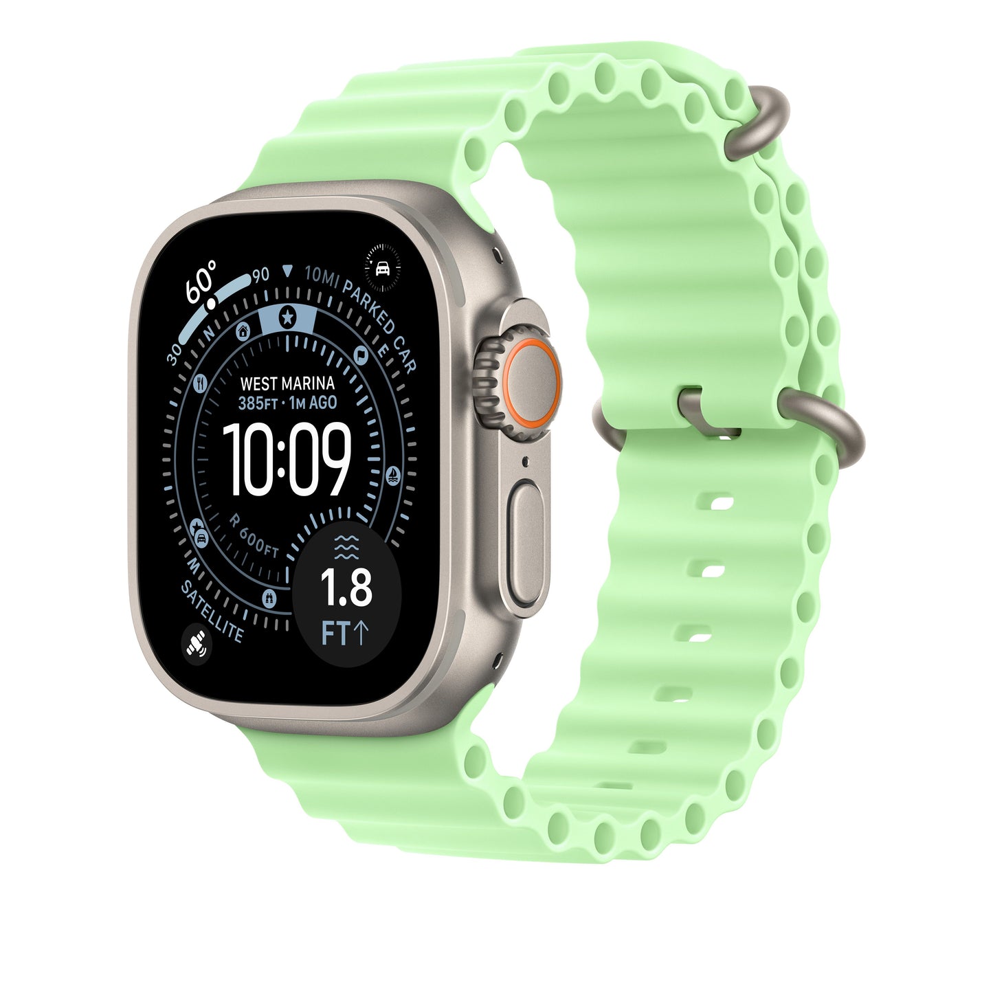 Řemínek pro Apple Watch 44/45/46/49 mm Apple neonově zelený Oceánský - provedení z přírodního titanu - iSTYLE CZ
